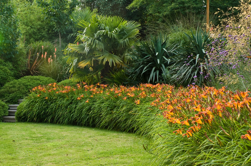 Medium sized modern sloped partial sun garden for summer in Sussex.