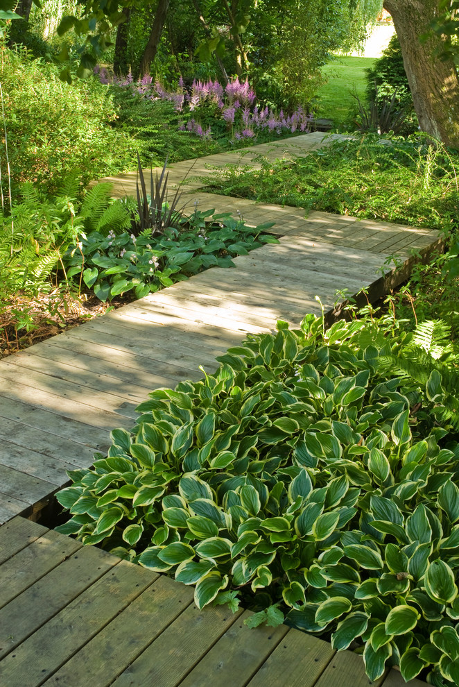 Esempio di un giardino moderno esposto a mezz'ombra di medie dimensioni e dietro casa in estate con pedane e un ingresso o sentiero