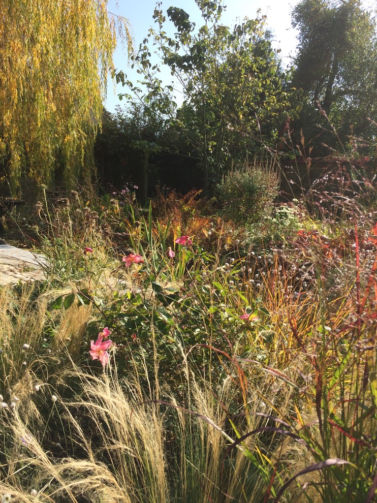 Idee per un giardino formale chic esposto in pieno sole di medie dimensioni e dietro casa in autunno con pavimentazioni in pietra naturale
