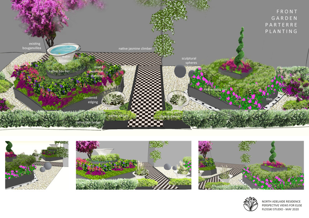 Geometrischer, Kleiner, Halbschattiger Klassischer Garten im Sommer mit Hochbeet in Adelaide