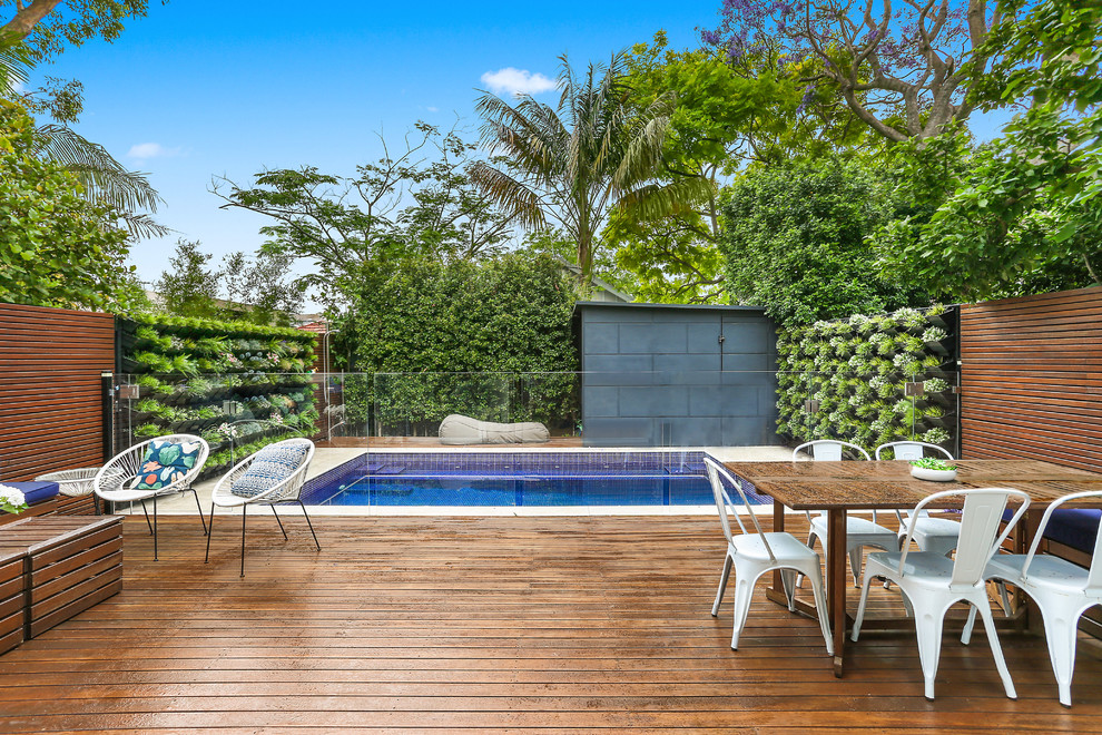 This is an example of a modern backyard landscaping in Sydney with decking.