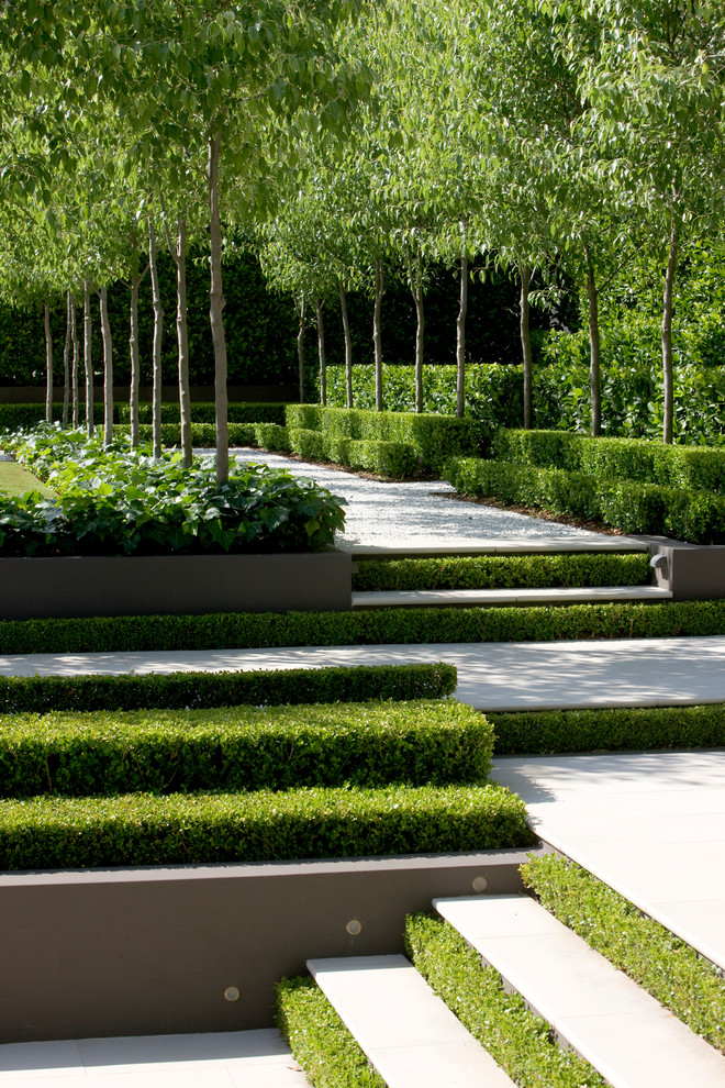 Стильный дизайн: огромный регулярный сад в стиле неоклассика (современная классика) с полуденной тенью - последний тренд