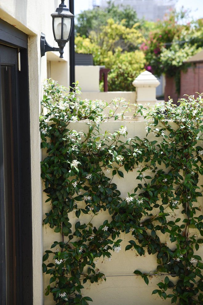 Immagine di un piccolo giardino formale tradizionale esposto a mezz'ombra in cortile con pavimentazioni in cemento