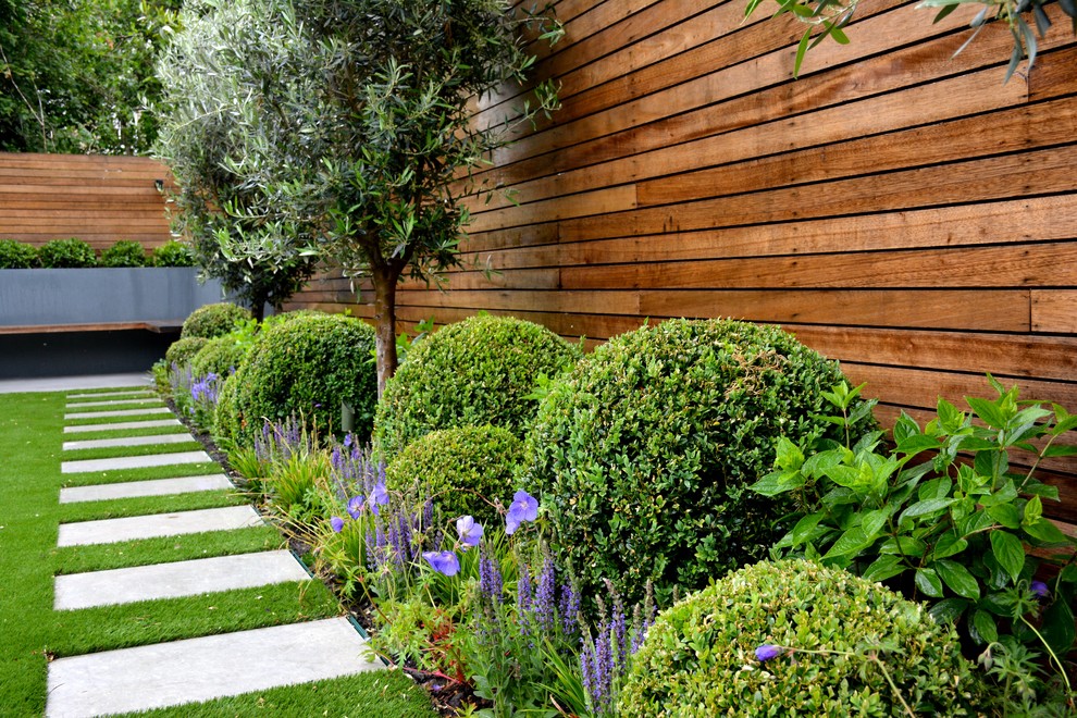 Photo of a medium sized traditional back garden in London with a living wall and natural stone paving.