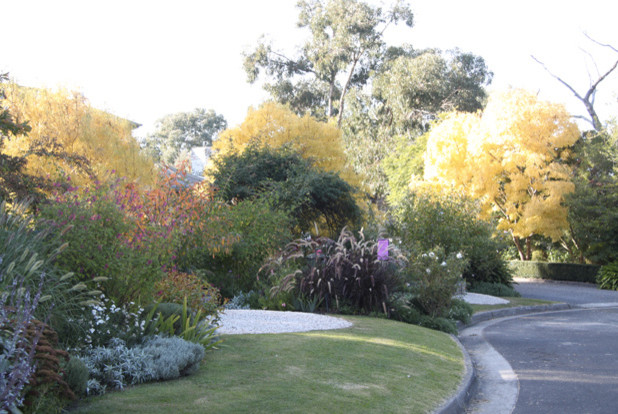 Idee per un giardino tradizionale in ombra di medie dimensioni e davanti casa in autunno con ghiaia