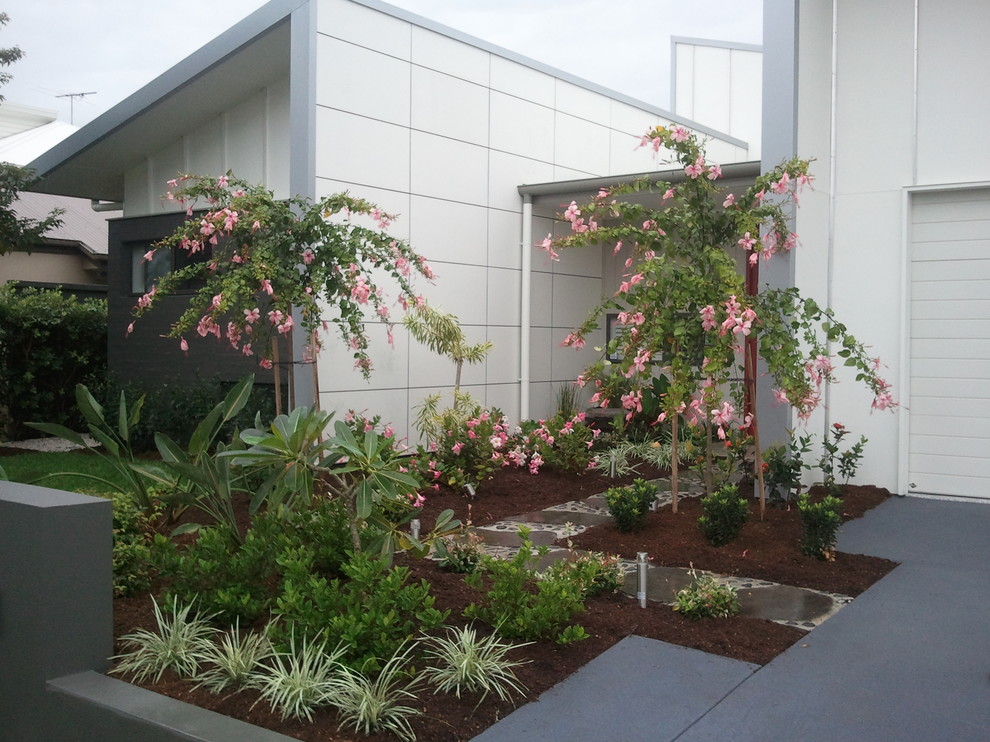 На фото: регулярный сад среднего размера на переднем дворе в современном стиле с покрытием из каменной брусчатки