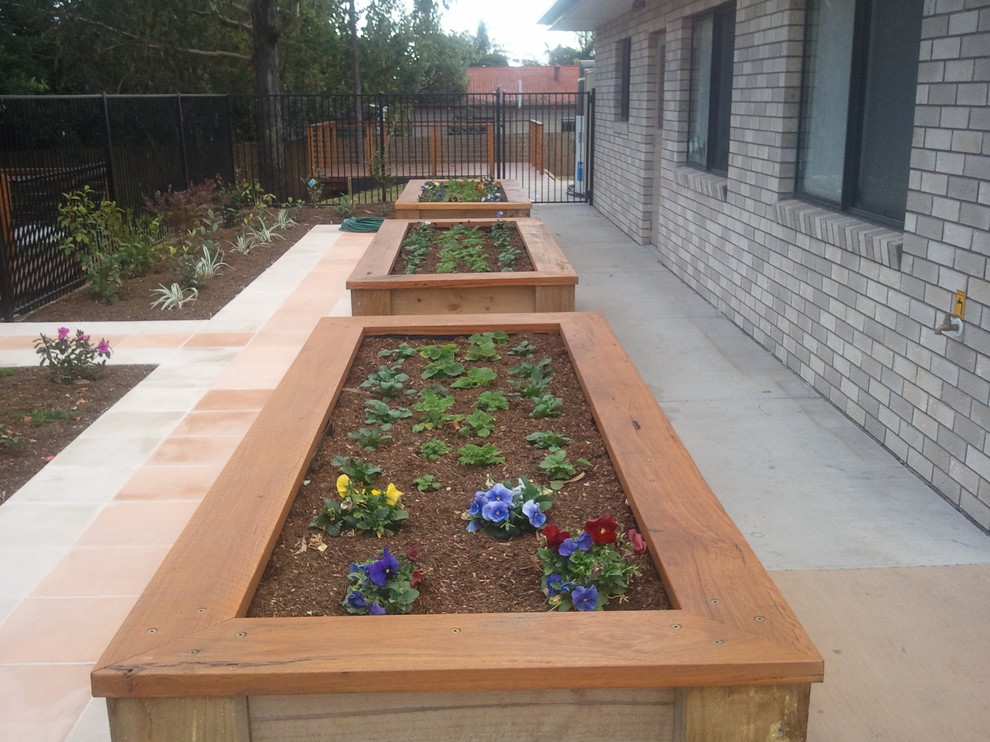 This is an example of a mid-sized contemporary side yard concrete paver raised garden bed in Brisbane.