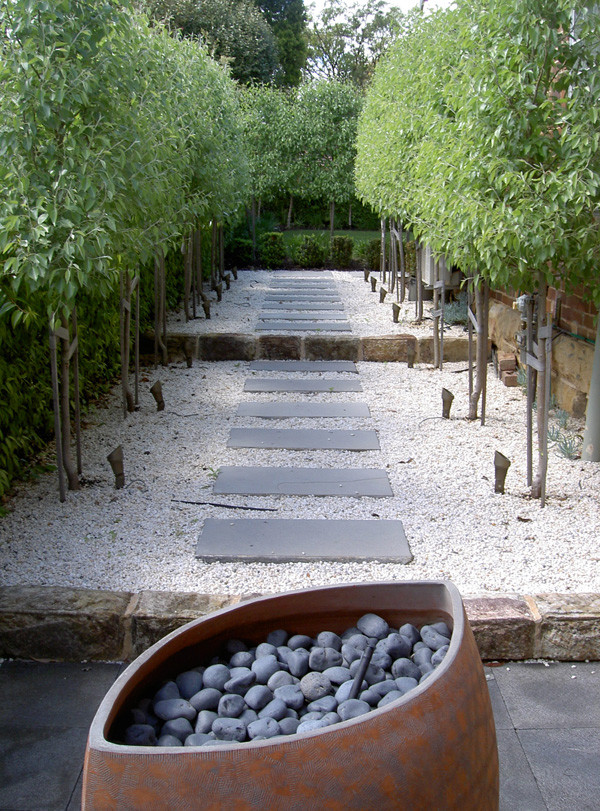Imagen de camino de jardín actual en patio lateral con gravilla
