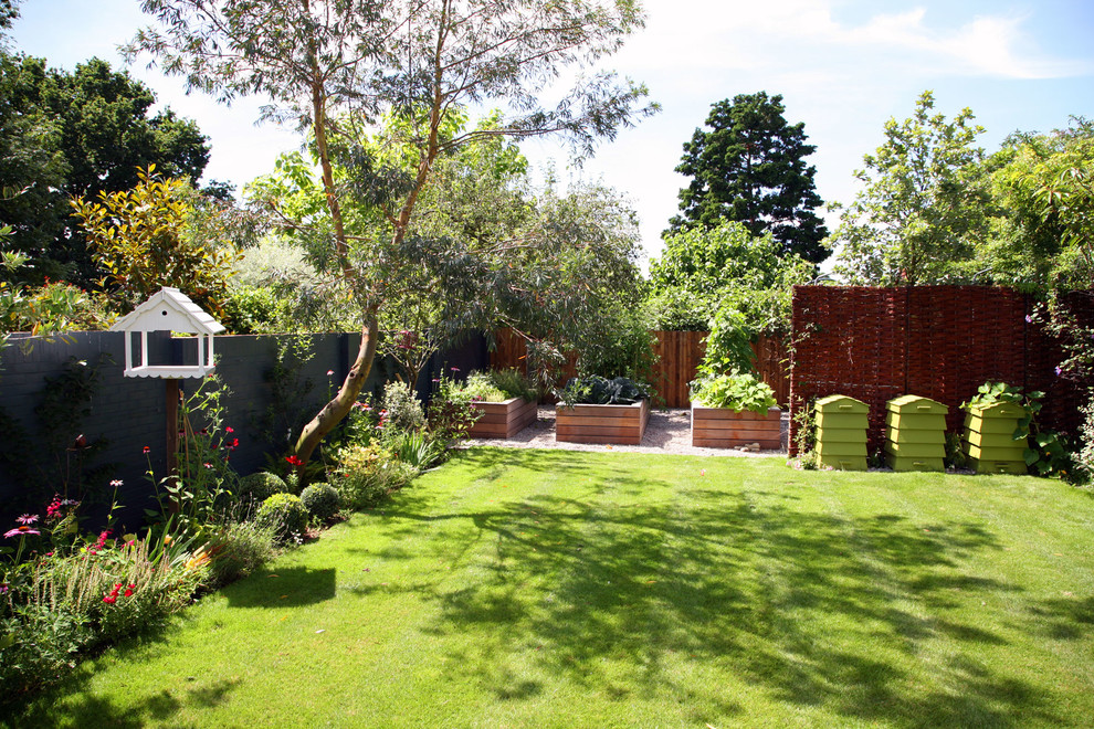 Inspiration for a large traditional backyard vegetable garden landscape in London.