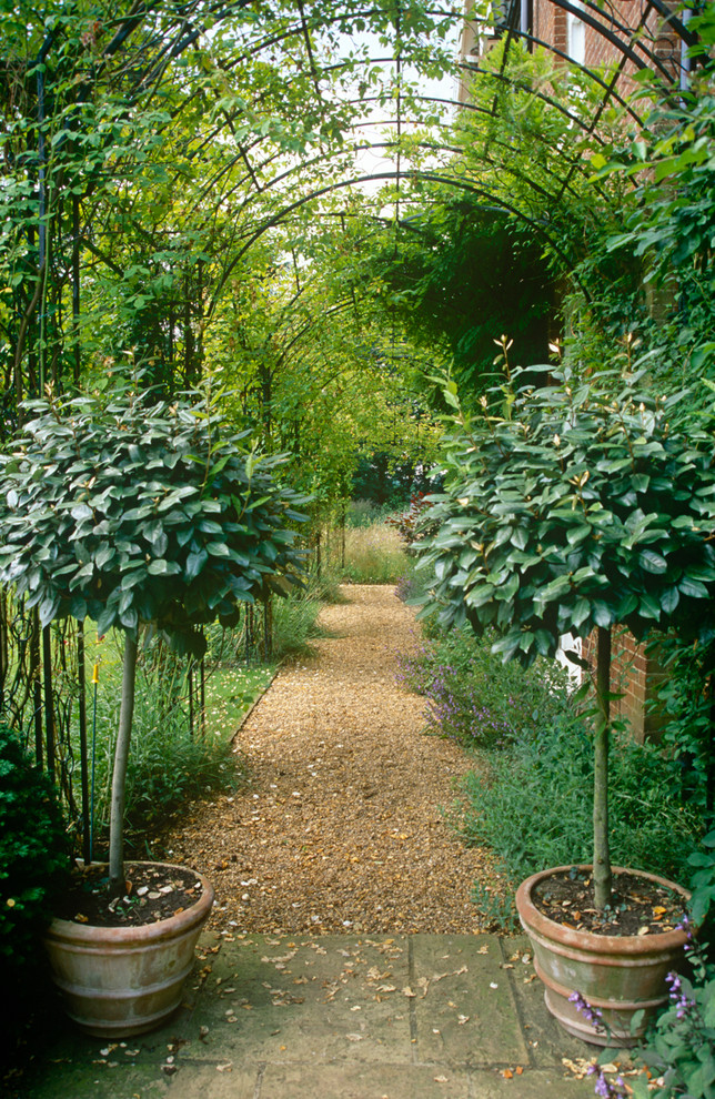 Пример оригинального дизайна: тенистый участок и сад в классическом стиле с садовой дорожкой или калиткой