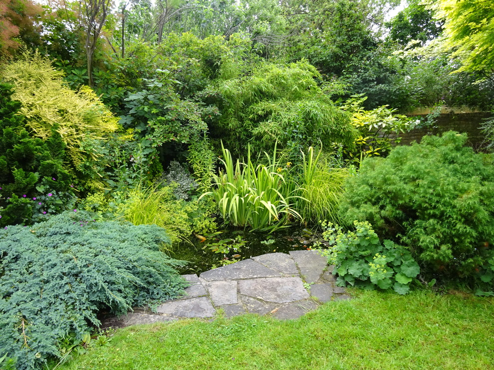Idée de décoration pour un petit jardin arrière chalet l'été avec une exposition partiellement ombragée, des pavés en pierre naturelle et une cascade.