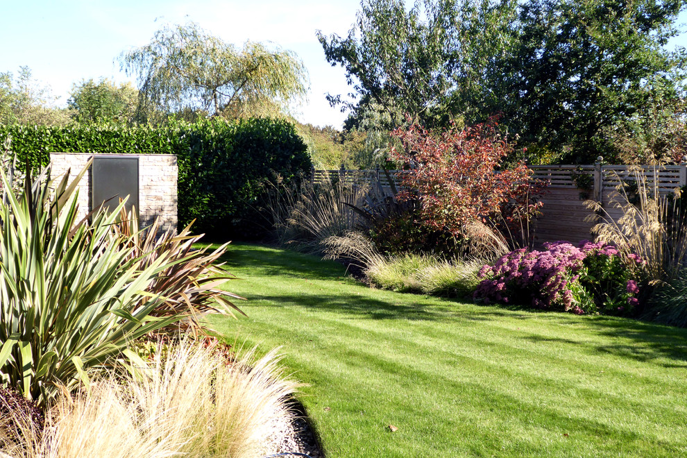 Inspiration for a medium sized contemporary back xeriscape full sun garden for summer in Hertfordshire with a water feature and mulch.