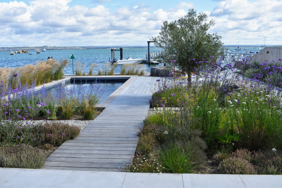 Aménagement d'un jardin arrière bord de mer avec une exposition ensoleillée et une terrasse en bois.