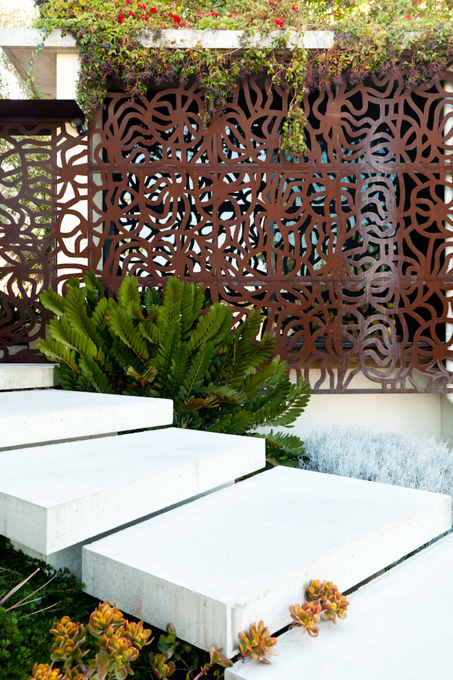 Schattiger Moderner Garten hinter dem Haus mit Pflastersteinen in Perth