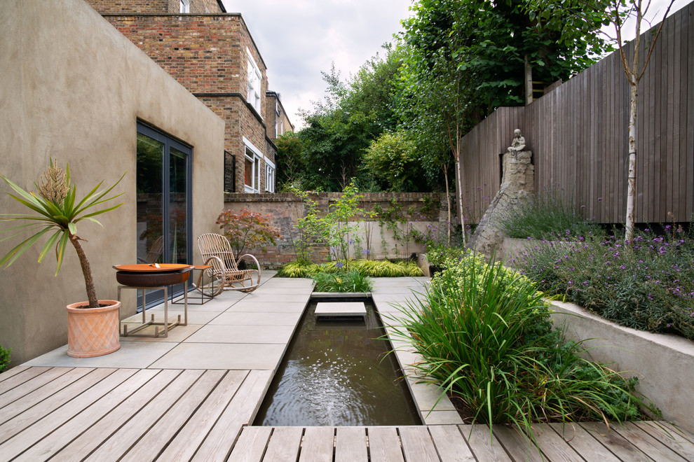Geometrischer, Kleiner, Halbschattiger Asiatischer Gartenteich im Sommer, hinter dem Haus mit Natursteinplatten in London