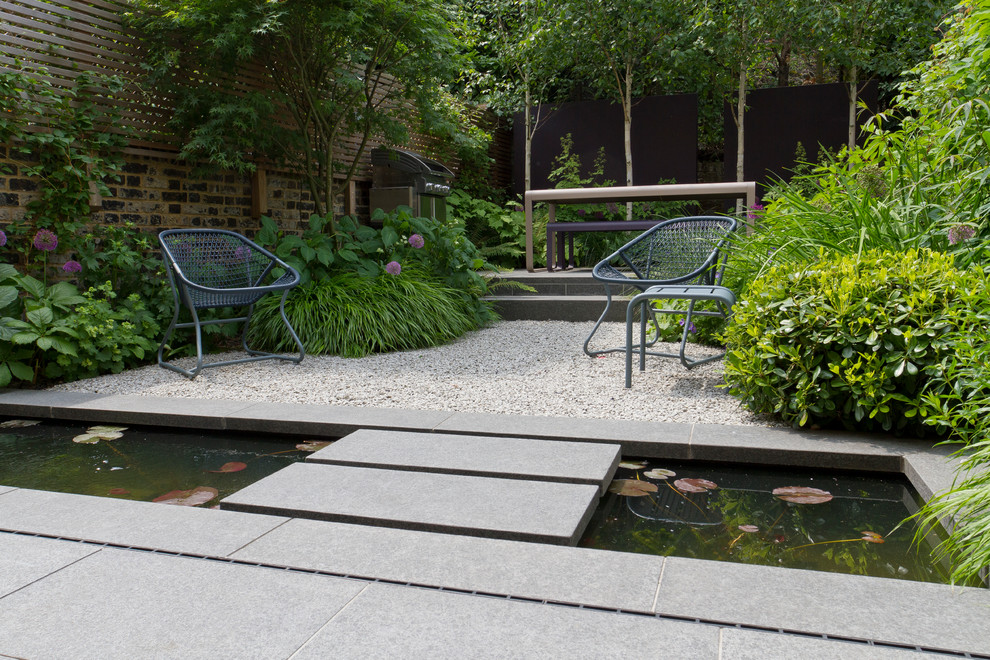 Contemporary garden for summer in London with a water feature.