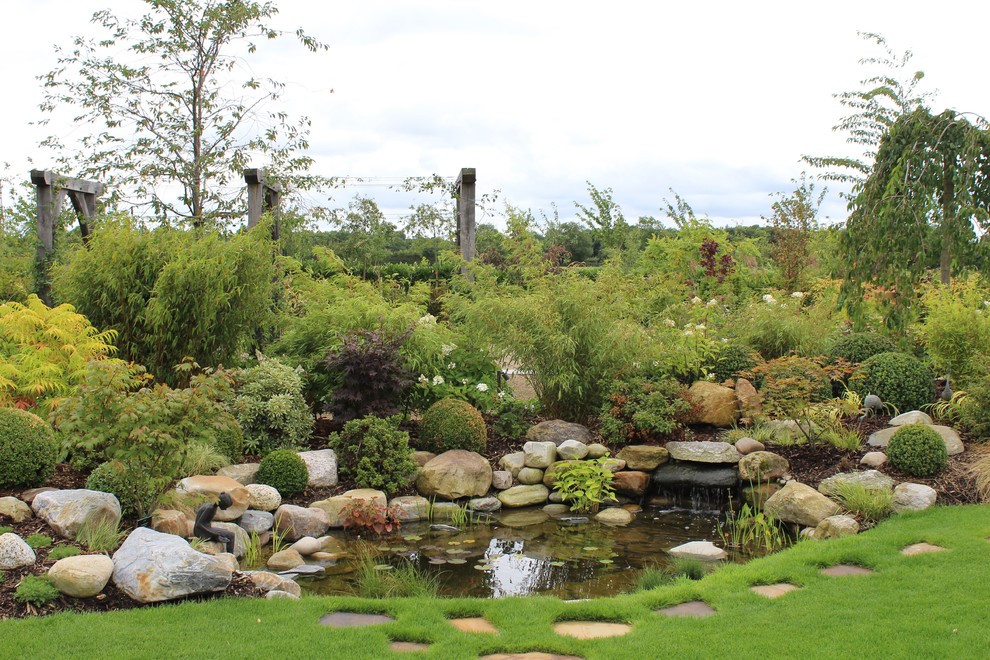 Expansive country side formal full sun garden for autumn in West Midlands with a pond.