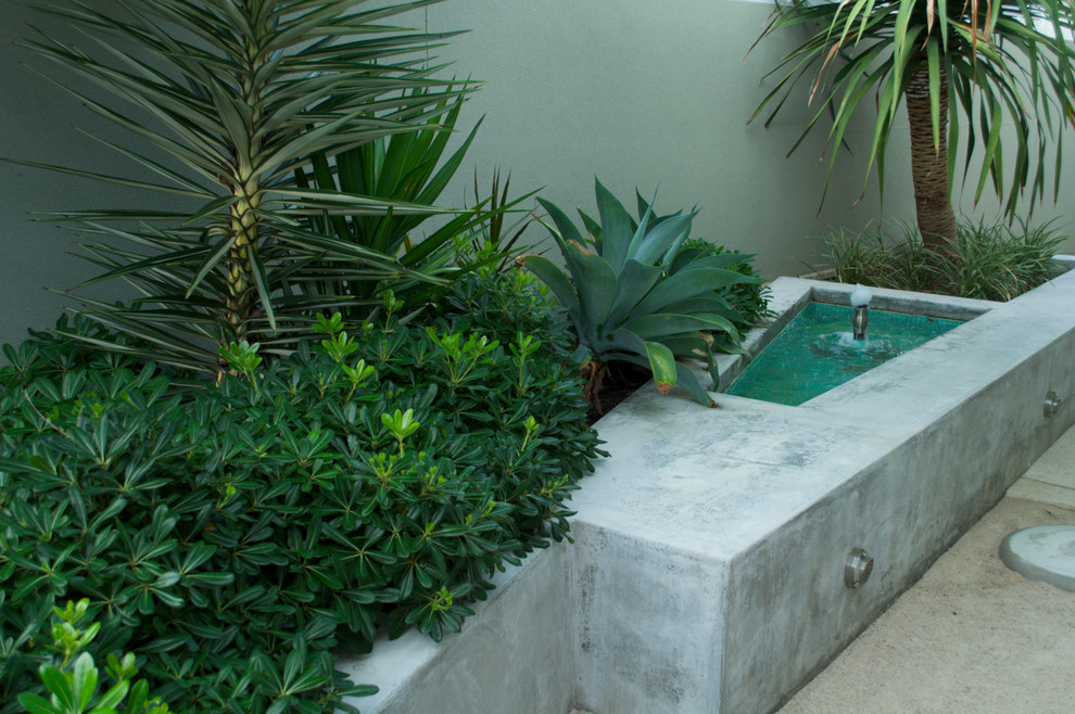 Aménagement d'un petit jardin sur cour contemporain avec un point d'eau et des pavés en béton.