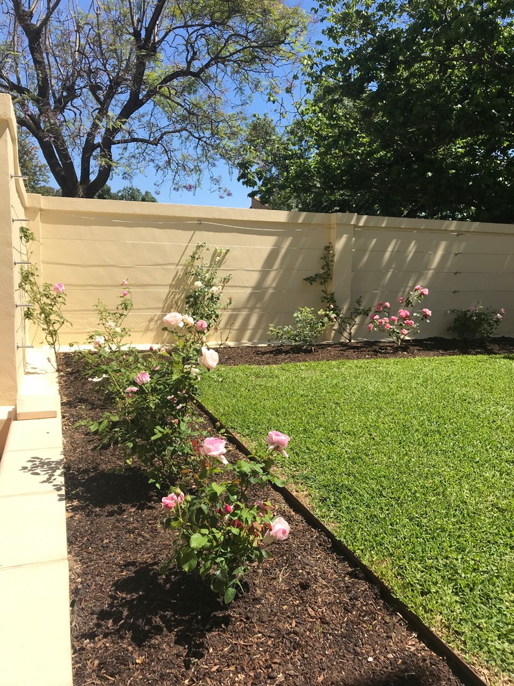 Immagine di un giardino formale tradizionale esposto in pieno sole di medie dimensioni e davanti casa in primavera con pavimentazioni in cemento