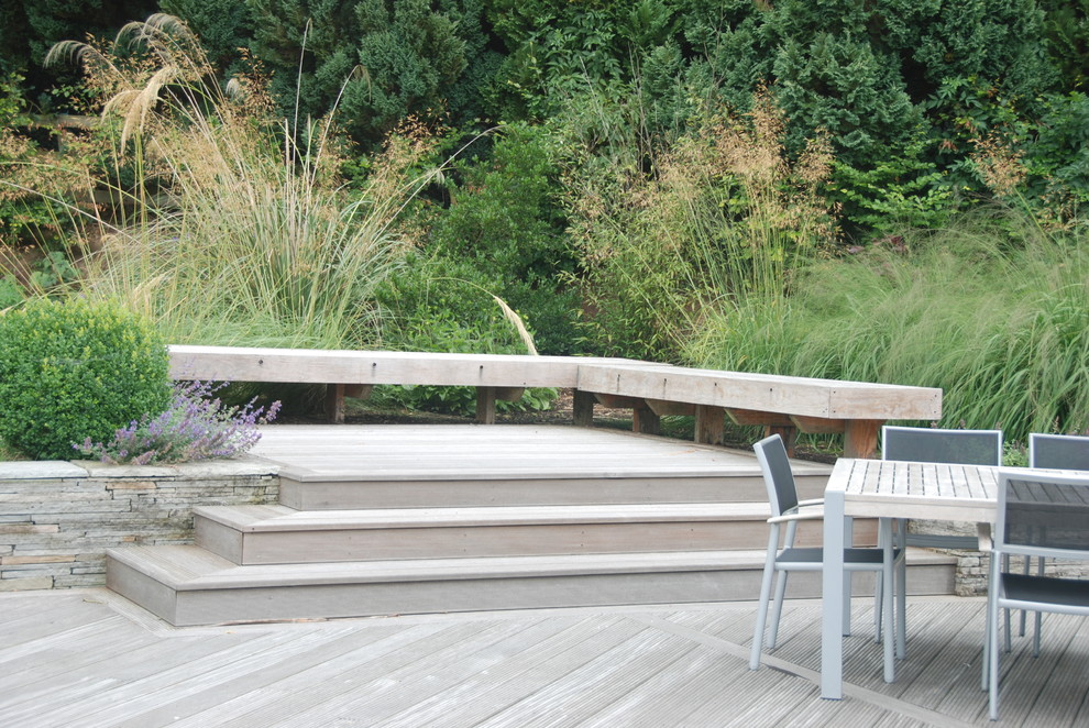Imagen de jardín minimalista grande en patio trasero con exposición total al sol y entablado