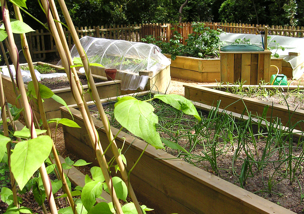 На фото: большой летний огород на участке на заднем дворе в классическом стиле с полуденной тенью и покрытием из гравия с