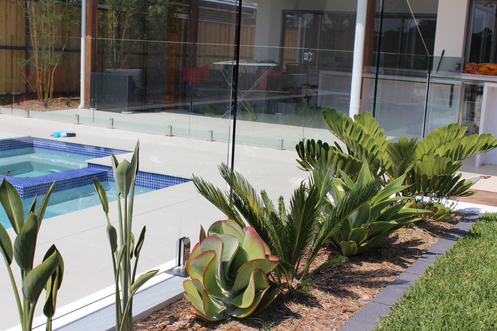 Пример оригинального дизайна: солнечный засухоустойчивый сад среднего размера на заднем дворе в морском стиле с хорошей освещенностью