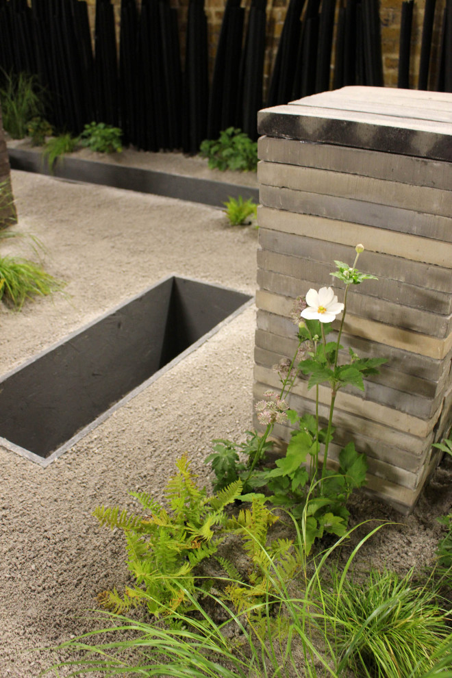 Idées déco pour un petit jardin contemporain l'été avec une exposition ombragée et du gravier.