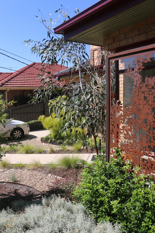 Ispirazione per un giardino xeriscape minimalista esposto in pieno sole di medie dimensioni e davanti casa con ghiaia