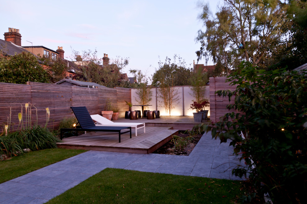 Diseño de jardín minimalista grande en patio trasero con estanque, exposición total al sol y entablado