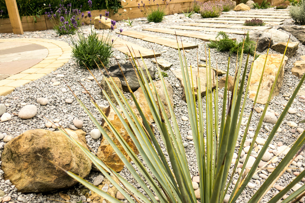 Идея дизайна: тенистый, летний регулярный сад среднего размера на заднем дворе в современном стиле с растениями в контейнерах и покрытием из каменной брусчатки