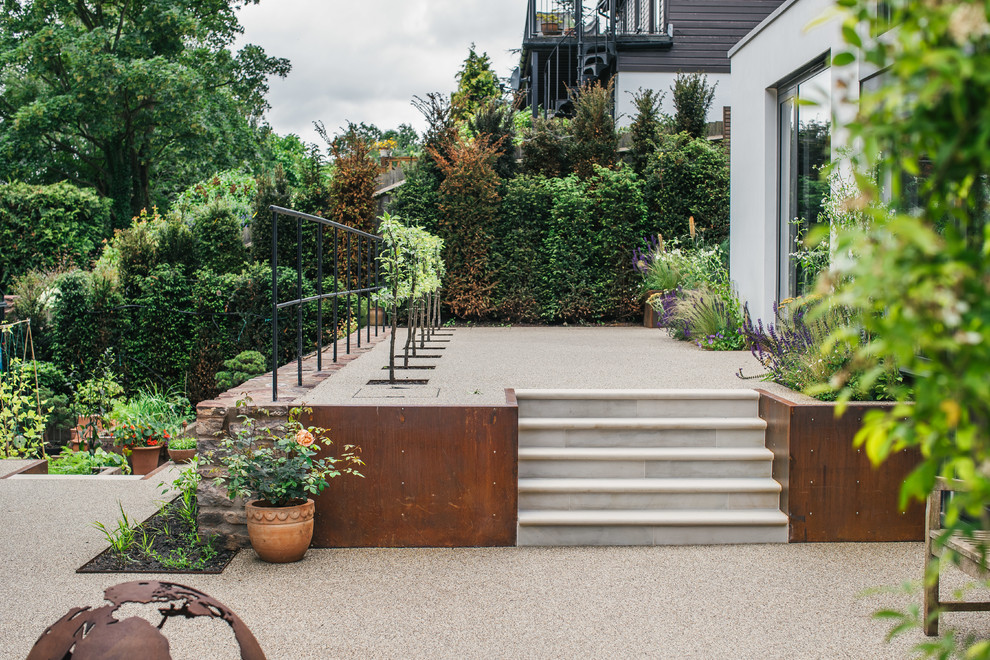 Idee per un grande giardino formale scandinavo esposto in pieno sole dietro casa in estate con un ingresso o sentiero e ghiaia