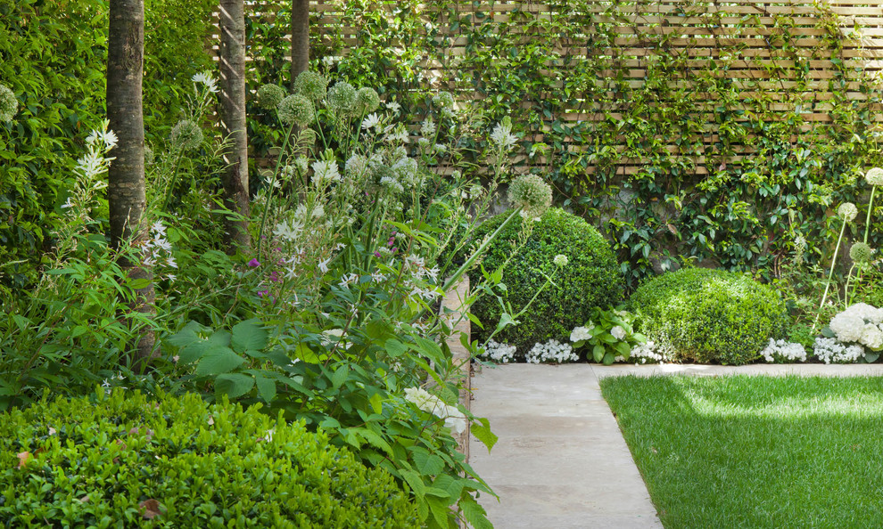 Foto di un giardino moderno esposto a mezz'ombra dietro casa con pavimentazioni in pietra naturale