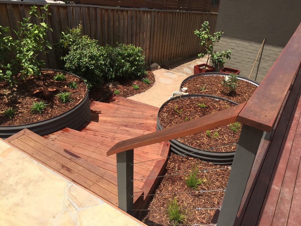 Inspiration for a small contemporary courtyard xeriscape full sun garden for summer in Melbourne with a potted garden and natural stone paving.