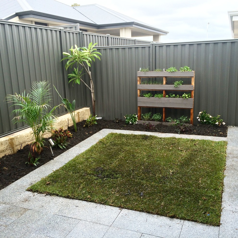 Foto di un piccolo giardino tropicale esposto in pieno sole dietro casa in estate con pavimentazioni in pietra naturale