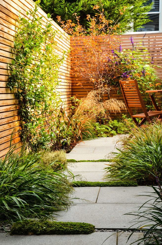 Inspiration pour un petit jardin arrière design l'été avec une exposition partiellement ombragée et des pavés en pierre naturelle.