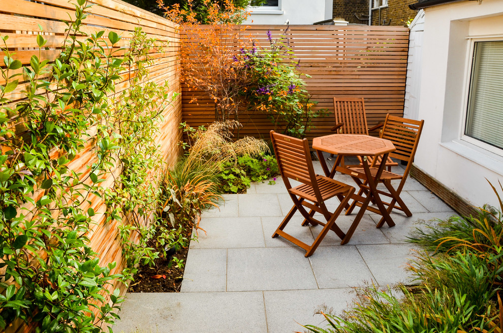 Immagine di un piccolo giardino minimal esposto a mezz'ombra dietro casa in estate con pavimentazioni in pietra naturale