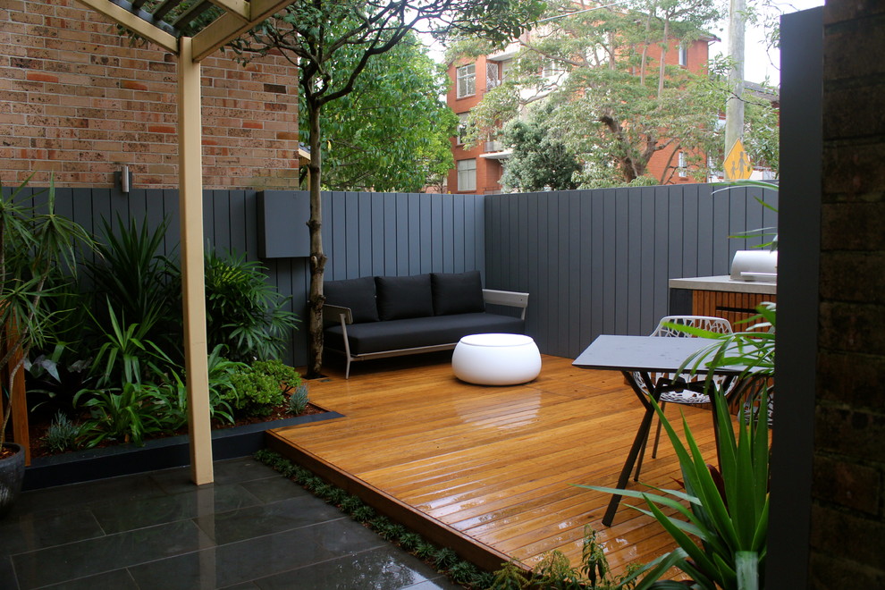 Inspiration for a small contemporary courtyard landscaping in Sydney with decking.