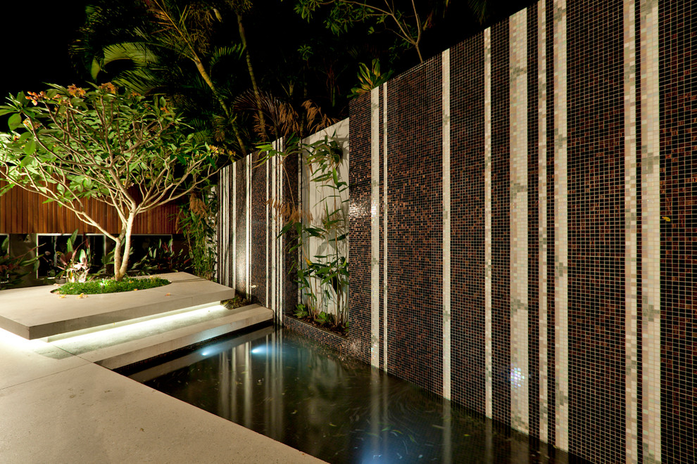 Inspiration for a world-inspired courtyard garden in Brisbane with a water feature.