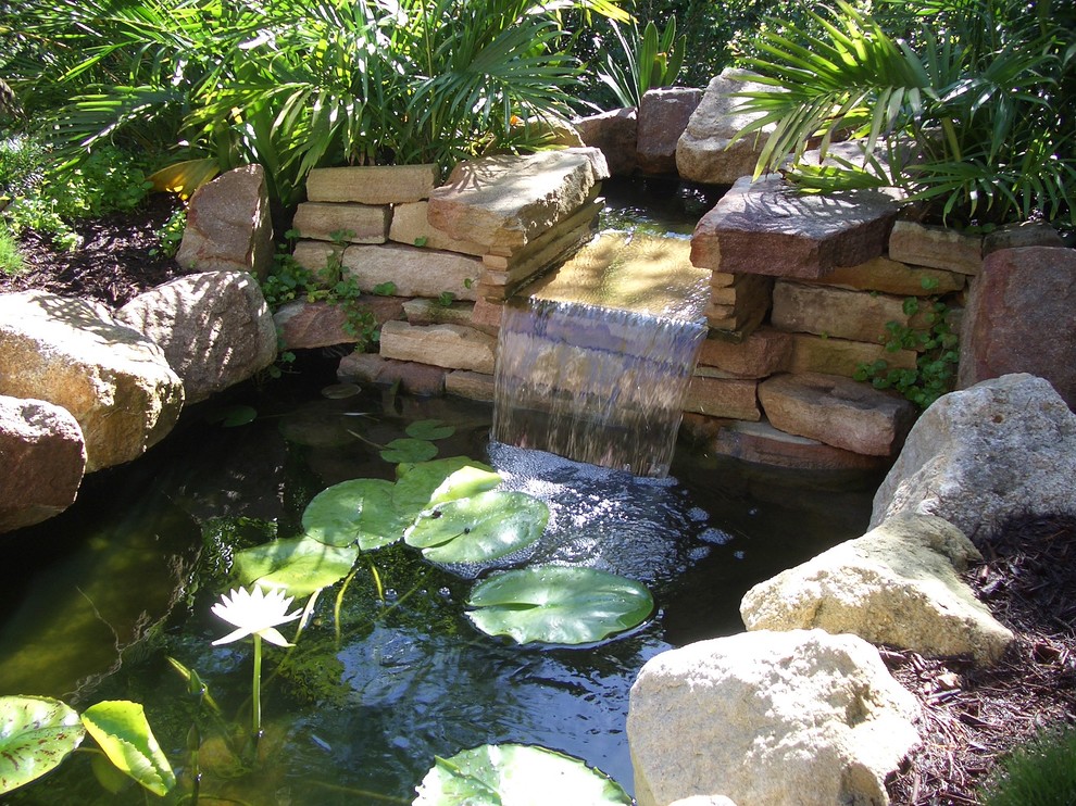 Esempio di un giardino tropicale esposto a mezz'ombra in cortile in estate con fontane