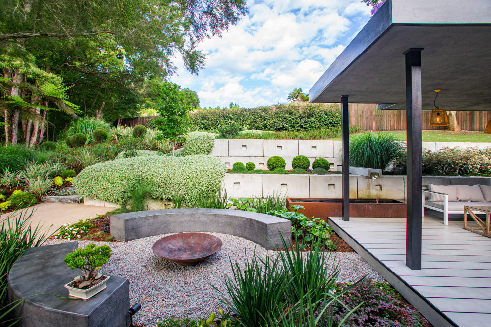 Идея дизайна: регулярный сад на заднем дворе в современном стиле