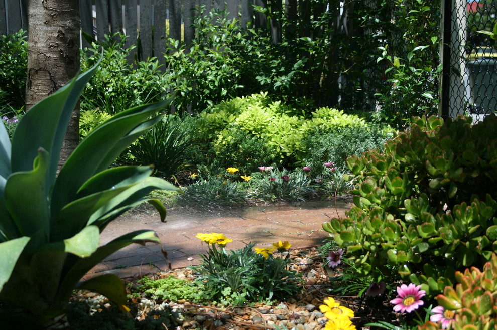 На фото: маленький участок и сад на переднем дворе в стиле фьюжн с садовой дорожкой или калиткой и полуденной тенью для на участке и в саду с