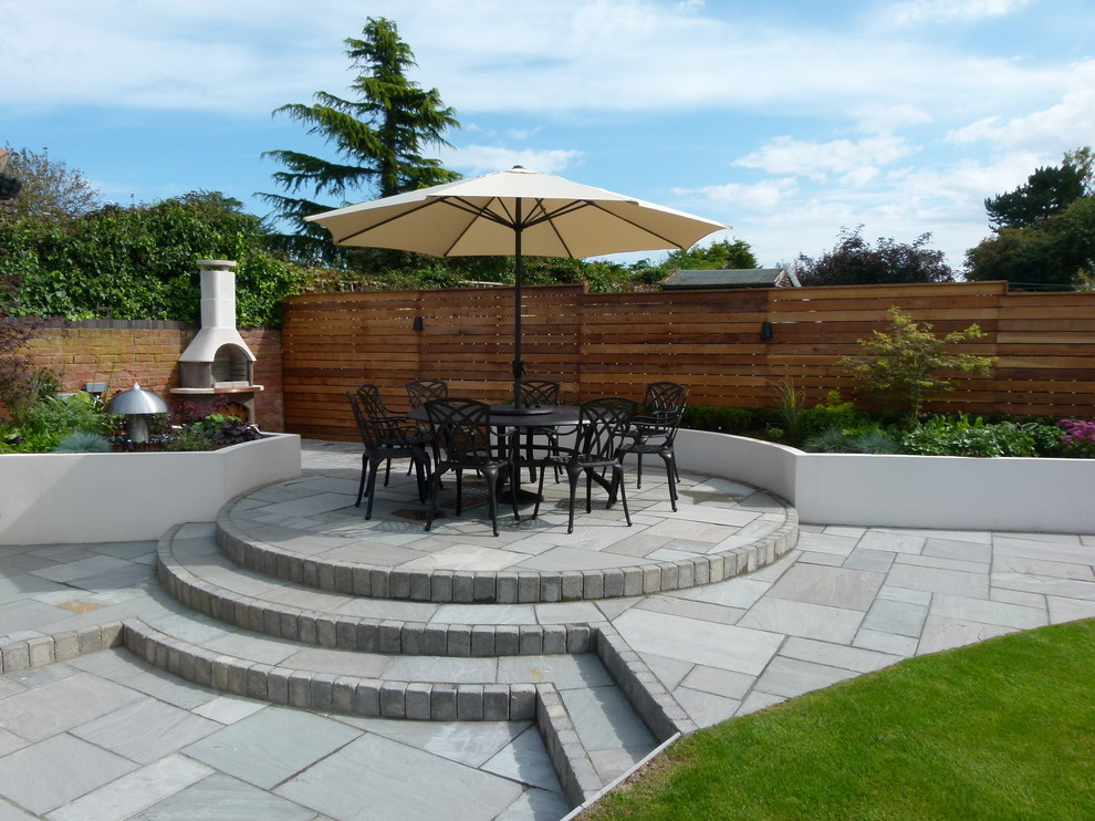 This is an example of a medium sized contemporary patio in Other with natural stone paving.