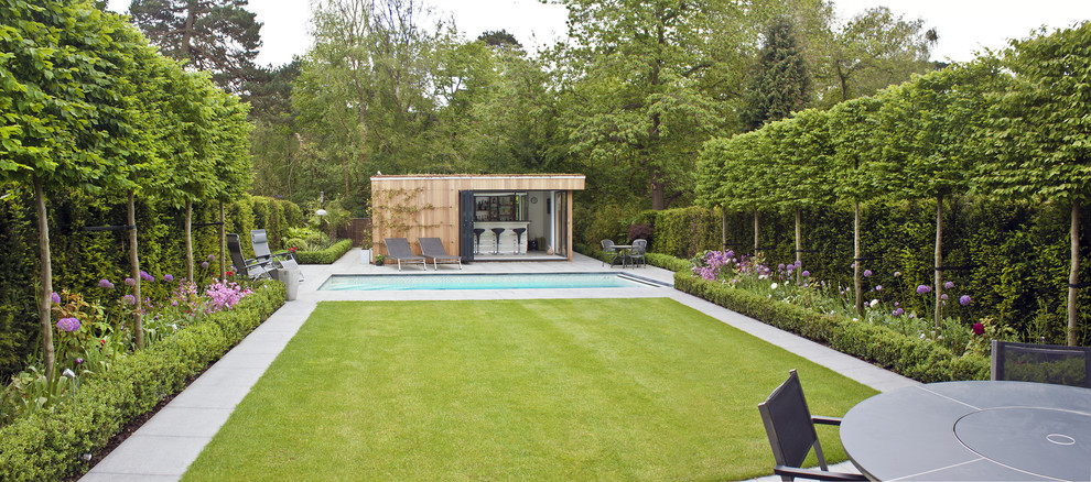 Mittelgroßer, Geometrischer Moderner Garten hinter dem Haus mit direkter Sonneneinstrahlung in Dorset