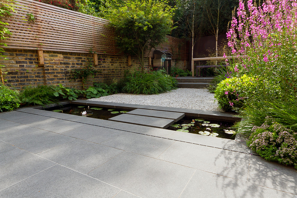Immagine di un piccolo giardino minimalista dietro casa con fontane e pavimentazioni in pietra naturale