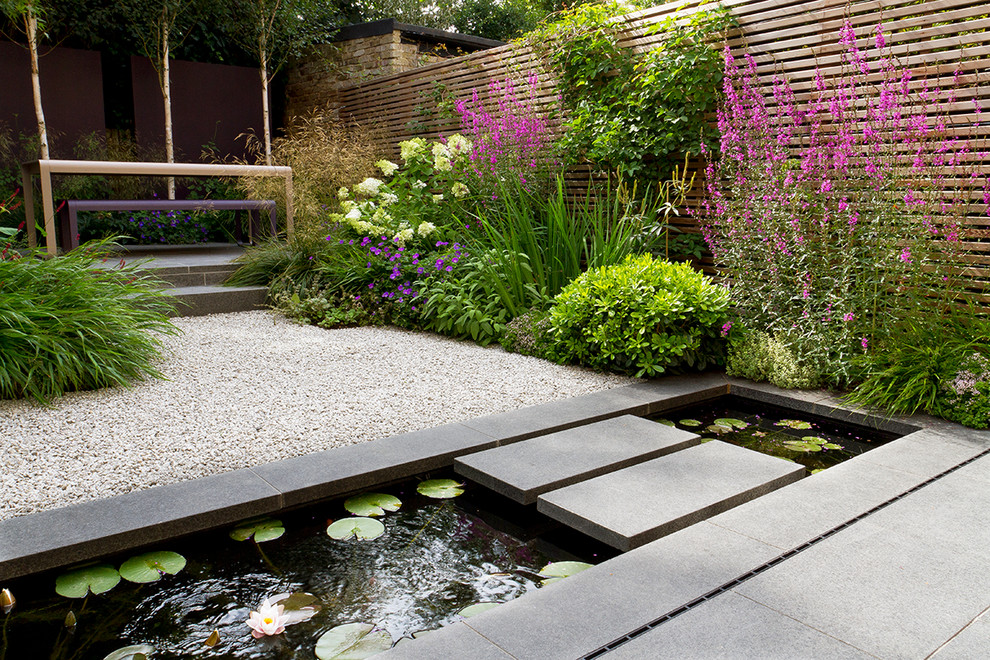 Foto di un piccolo giardino minimalista dietro casa con fontane e pavimentazioni in pietra naturale