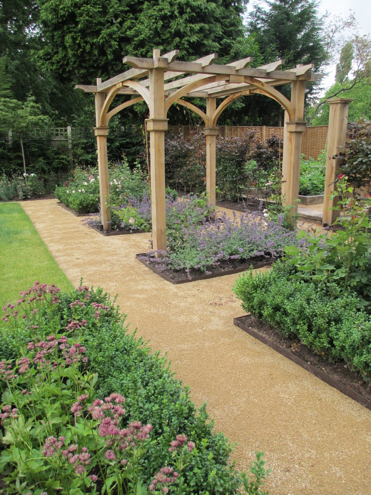 Exemple d'un jardin victorien avec une exposition ensoleillée et du gravier.
