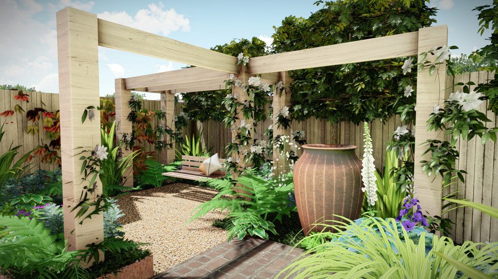 Immagine di un giardino formale mediterraneo esposto in pieno sole di medie dimensioni e dietro casa in estate con un focolare, pavimentazioni in pietra naturale e recinzione in legno