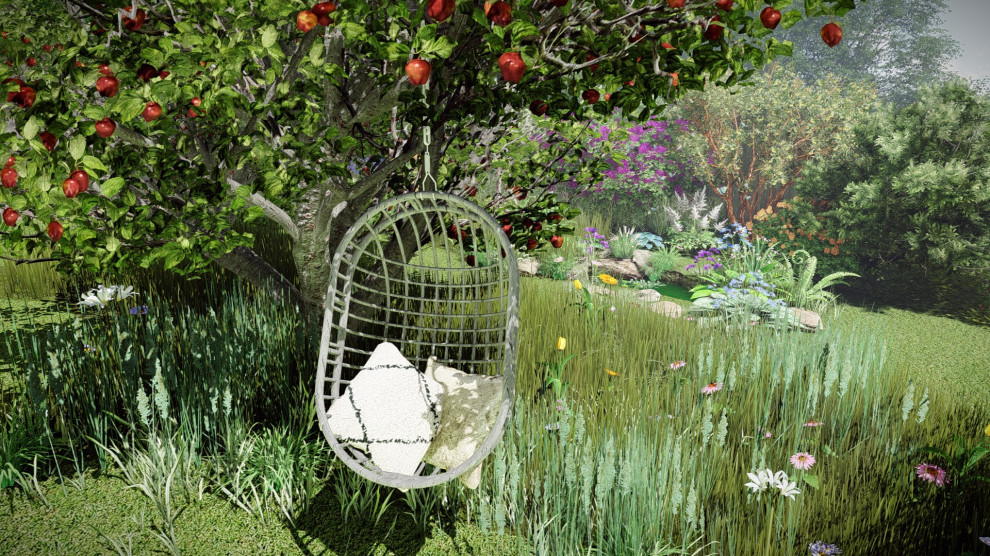 Foto de jardín rústico de tamaño medio en primavera en patio trasero con jardín francés, estanque, exposición parcial al sol, adoquines de ladrillo y con madera