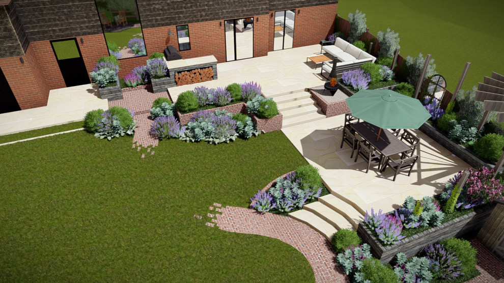 Diseño de camino de jardín campestre de tamaño medio en otoño en patio trasero con jardín francés, exposición parcial al sol, adoquines de ladrillo y con madera