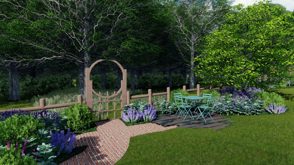 Immagine di un giardino formale country esposto a mezz'ombra di medie dimensioni e dietro casa in autunno con un ingresso o sentiero, pavimentazioni in mattoni e recinzione in legno